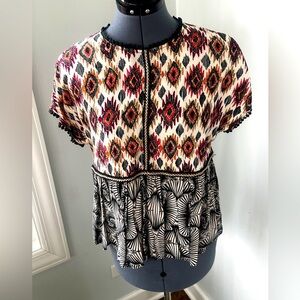 Anthropologie THML Sz M Braided Multi Print High Neck Short Sleeve Baby Doll Top
